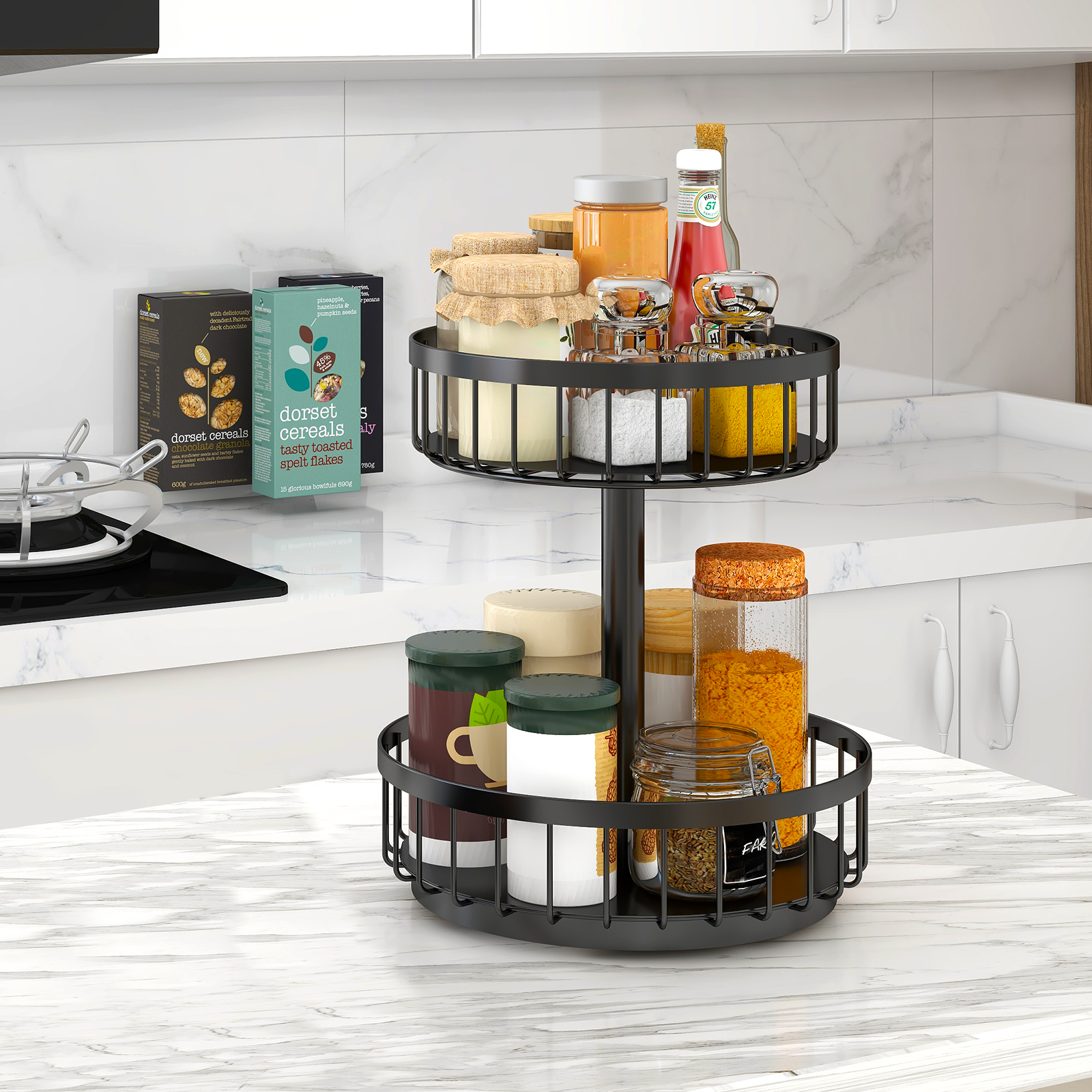 Two Layers of Round Multifunctional Countertop Fruit and Vegetable Basket Bowl Removable Storage Spice Rack