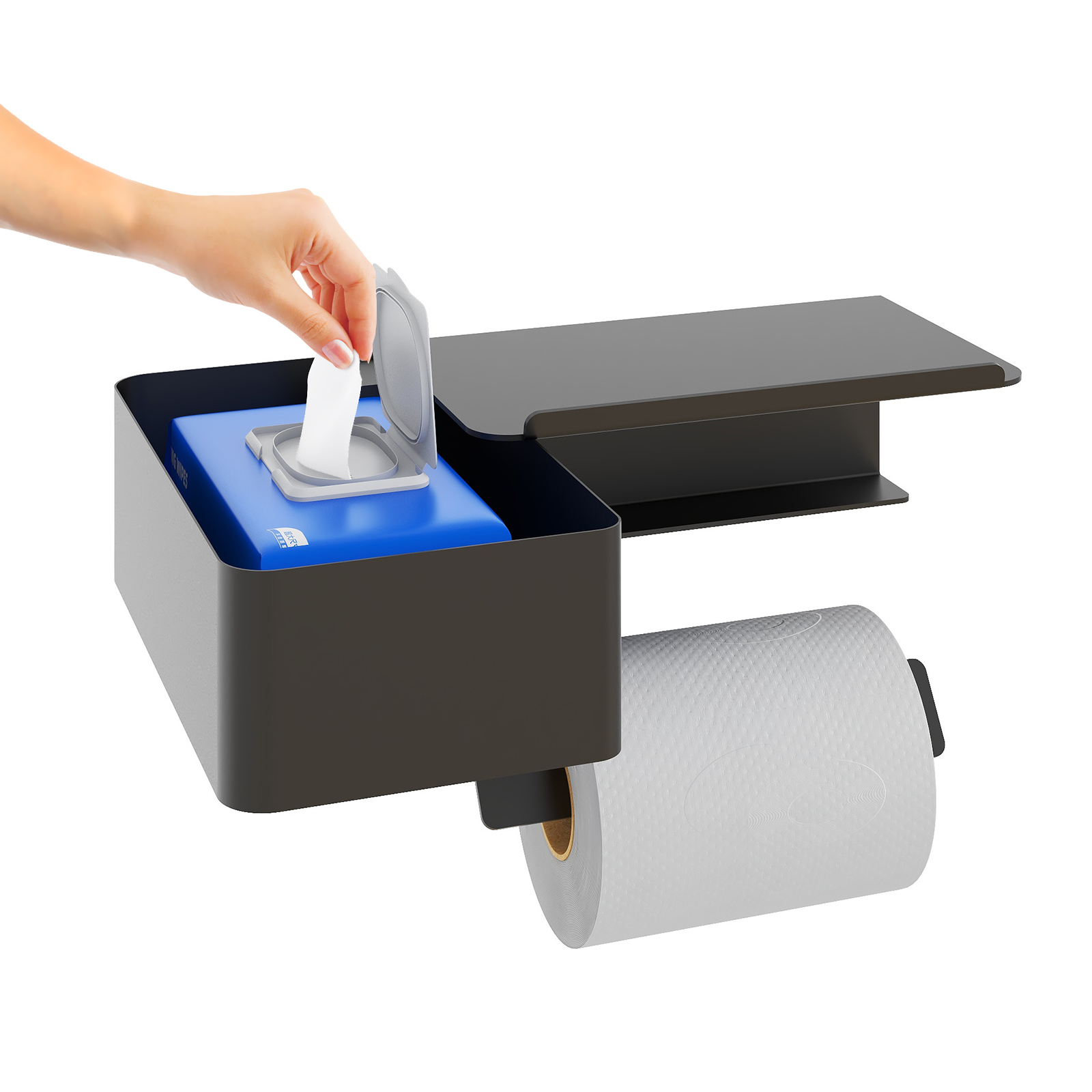 Wall Mounted Toilet Paper Holder with Storage Bathroom Self-adhesive 3M Sticker Aluminum Rotatable Paper Towel Holder